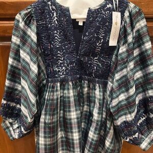 J Marie Puff Sleeve Shelly Plaid Blouse with Navy Embroidery XS holiday top